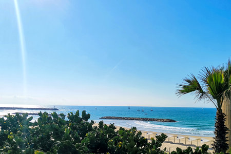 Equipped beach on the Mediterranean coast. Colorful coastal landscape in sunny weather. Coastline....