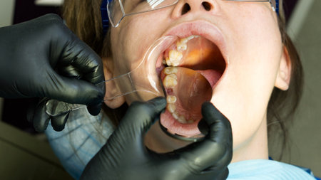 Examination oral cavity with retractor and mirror. Maxillary molar missing. Female patient in dental...