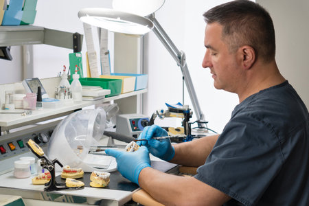 Dental prosthesis work. Denture work. Teeth painting. Dental technician working with tooth denture at prosthesis laboratoryの写真素材