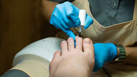 Pedicure. Layer-by-layer application of gel polish components. Nail artisr applies primer and colorless clear base. Client's point of viewの写真素材