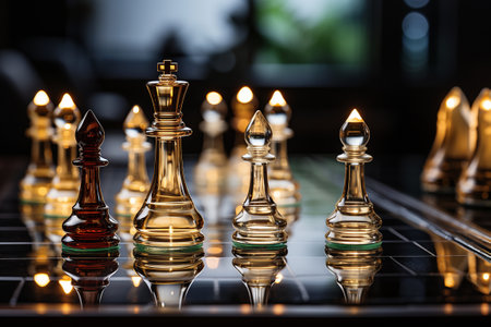 Translucent chess pieces and pawns on a chessboard. Wallpaper. Still lifeの素材