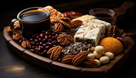 Still life of coffee, spices and sweets. Freshly roasted coffee beans with nuts, oriental sweets, cinnamon sticks, cardamom and other spices on a wooden table. Wallpaperの素材