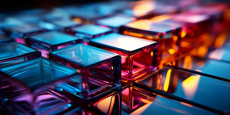 Abstract background with transparent cubes. Glass colorful translucent cubes close-upの素材
