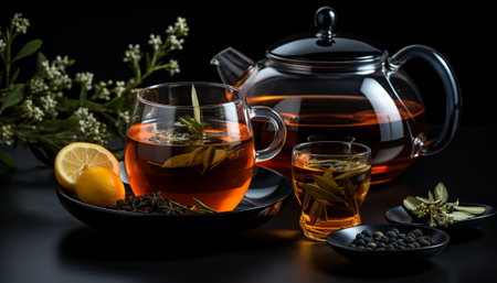 Hot tea with lemon. Modern still life with invigorating drink, citrus fruits and herbs on black backgroundの素材
