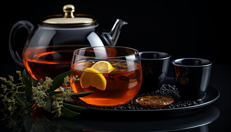 Hot tea with lemon. Modern still life with invigorating drink, citrus fruits and herbs on black backgroundの素材