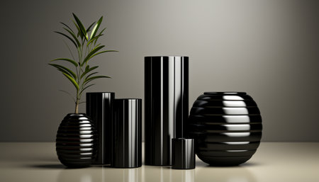 Modern still life. Group of black contemporary metal and ceramic vases of various shapes, sizes and textures. Interior wallpaperの素材