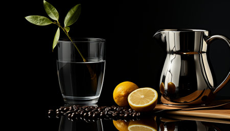 Water with lemon in clear glass. Refreshing still life. Healthy eating conceptの素材
