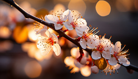 Branch flowering tree against background of dawn or sunset rays. Cherry or apricot blossoms.の素材