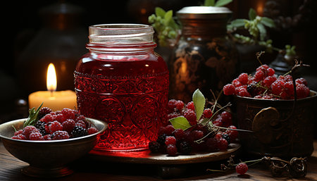 Berry freshly brewed compote in a glass jar before canning. Close-up still lifeの素材