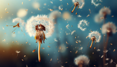 Fantastic landscape with white flying dandelions. Light and airy flowers on wallpaperの素材