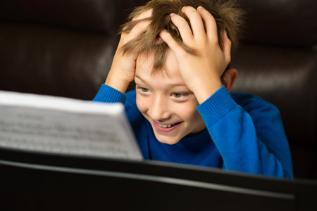 A cheerful boy enjoys a playful moment during piano practice