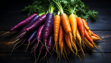 Multicolored carrots, in hues of deep purple and bright orange, with fresh green tops, artistically arranged on a dark wooden surface.の素材