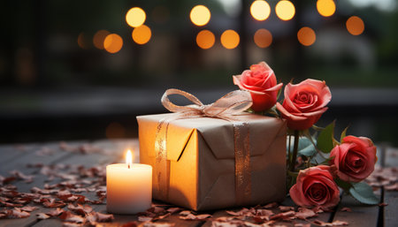 Elegant gift box with ribbon, candle, and rose on a wooden table.の素材