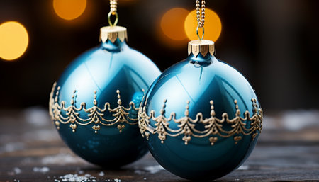 Close-up of blue Christmas baubles with intricate gold patterns on a blurred light backgroundの素材