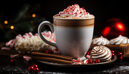 Festive cappuccino with whipped cream and cinnamon, candy canes, and holiday decor.の素材