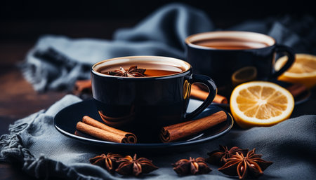 Two black cups of tea with cinnamon and star anise on a dark surface with a cozy blanket.の素材