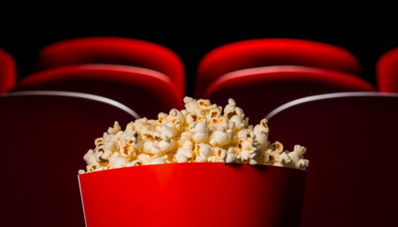 Overflowing popcorn in a red bucket with theater seats in the background.の素材