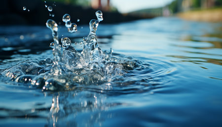 Dynamic water splash captured on a vibrant blue pool background.の素材