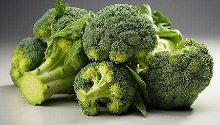 Fresh broccoli bunches with green leaves on a white background.の素材