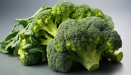 Fresh broccoli bunches with green leaves on a white background.の素材