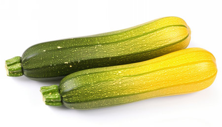 Green and yellow zucchinis with water droplets on white backgroundの素材