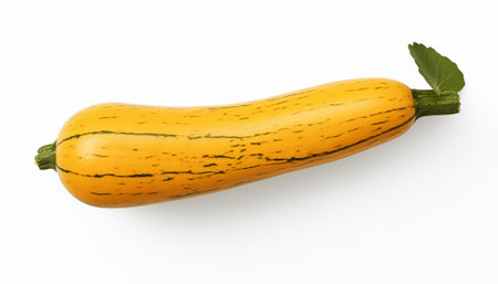 Striped yellow zucchini with fresh green leaf on white.の素材