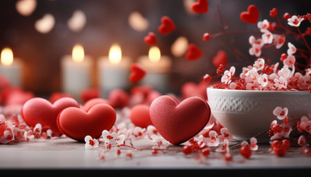 Romantic setup with red heart, flowers, and candles on a table.の素材
