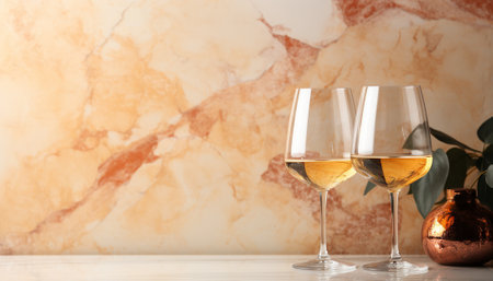 Two glasses of white wine against a marbled backdrop.の素材
