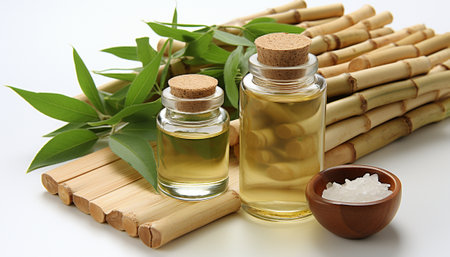 Bamboo stems, green leaves, with essential oil and bath salt on a wooden board.の素材