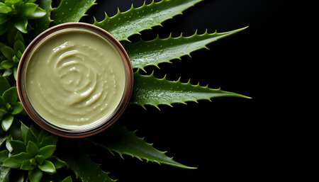 Aloe vera leaves surrounding a jar of aloe vera cream on a dark background.の素材