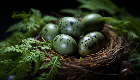 Nest with speckled eggs surrounded by ferns on a dark background.の素材