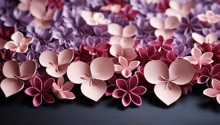 Paper crafted pink and purple hydrangea flowers on a dark wooden surface.の素材