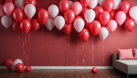 Red and white balloons in a room with a matching red wall and gray couch.の素材