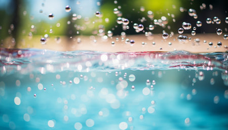Sparkling water droplets suspended above a pool, capturing the essence of a vibrant summer day.の素材