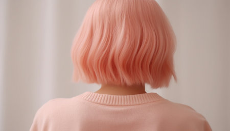 Rear view of a person with a soft peach-pink bob haircut on a neutral background.の素材