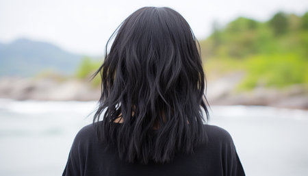 Back view of a woman with a layered black lob hairstyle outdoors with natural greenery background.の素材