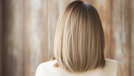 Stylish blonde bob haircut from behind, smooth and straight on a neutral backgroundの素材