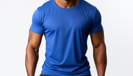 Sleek blue sports tee on an athletic man against a white backdrop, showcasing fitness wearの素材