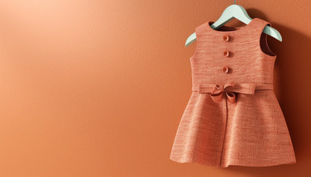 Elegant peach fuzz colored textured dress with bow on hanger against a matching wall.の素材