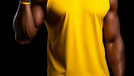 Side view of a muscular African man's torso in a fitted yellow tank top mockupの素材