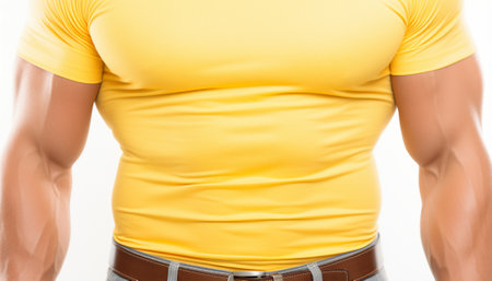 Close-up of a muscular man in a fitted yellow T-shirt mockup, showing a toned torso and arms.の素材