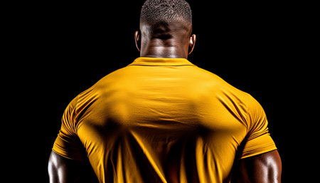 Back view of an athletic man in a fitted yellow shirt, showing muscular definition. Mockupの素材