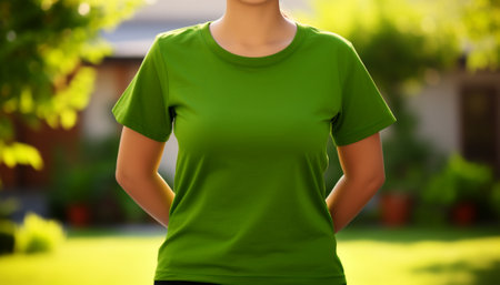 Woman in a green T-shirt mockup with a blurred garden background, focused on fit and fabricの素材