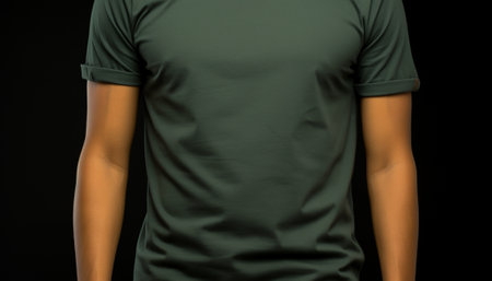 Torso of a man in a fitted green T-shirt on a dark background, highlighting muscular arms.の素材
