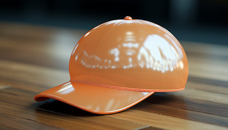 Peach-hued glossy cap mockup with a reflective surface on a wooden backdropの素材