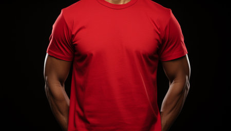 Crimson red T-shirt on a sculpted male torso with a crew neck and short sleevesの素材
