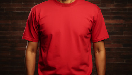 Plain red T-shirt mockup on a fit male model against a brick wall backgroundの素材