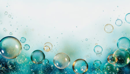 A myriad of transparent bubbles floating over a light blue gradientの素材