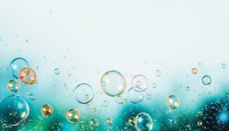 A myriad of transparent bubbles floating over a light blue gradientの素材