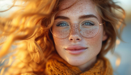 Portrait of a woman with windblown hair and round glasses, hinting at a subtle smile.の素材